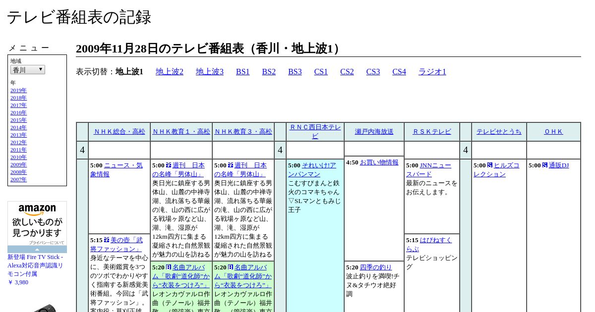 魚拓 09年11月28日のテレビ番組表 香川 地上波1